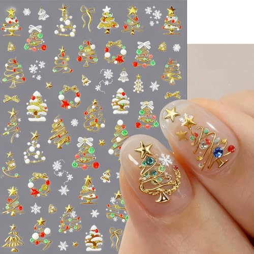 Metallic Gold Weihnachtsbaum Nagelsticker 5D Strasssteine Schneeflocke Kranz Weihnachten Nail Sticker Farbige Christmas Trees Nagel Sticker Saisonale Winter Feiertage Xmas Nagelaufkleber