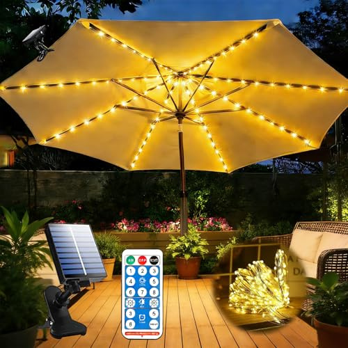 Solaire Lampes pour Parasol 104 LED avec Télécommande 8 Modes IP67 Éclairage Guirlande Lumineuse pour Parasol Jardin Terrasse Patio Extérieur Camping Décoration Lumière Chaude