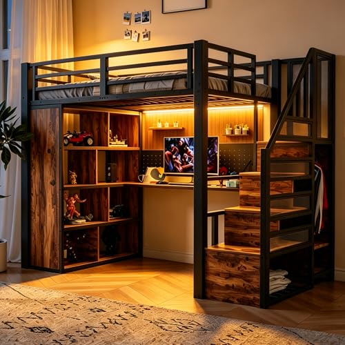 Kebnor Metall-Hochbett,90x200cm,mit Kleiderschrank und Staufächern,Trittleiter,Schreibtisch mit Steckdosen nach europäischer Norm,Lochblech und LED-Lichtleiste,großem Stauschrank,Einzelbett (schwarz)