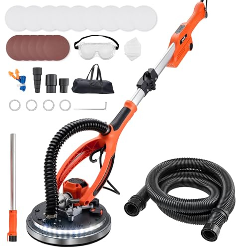 VEVOR Gipskartonslipmaskin, elektrisk slipmaskin för gipsskivor med 950 W, 7 justerbara hastigheter, 1 000–2 300 varv/min, LED-ljus, infällbart handtag, 15
