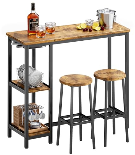 Xbro Bar Table and Stools Set of 2, 120cm Industrial Bar Table with Storage Shelves & Glass Holder, Counter Height Bar Table and Chairs for Kitchen, Dining Room, Home Bar-Brown