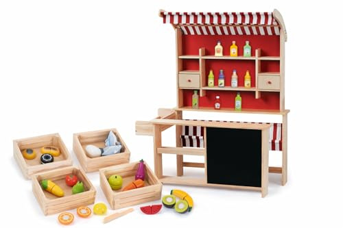 BAYAGU Holzmarkt für Kinder mit Verkaufsbank und großem Lebensmittelzubehör, 4 Kisten mit Obst und Gemüse Tafel Zelt Shop Rollenspiel Lernspiel 84x64x117 cm