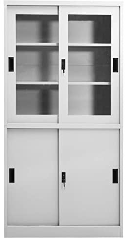 Armoire de bureau en acier avec portes coulissantes Gris clair 90 x 40 x 180 cm Armoire en acier avec verre et serrure Armoire de bureau avec 3 étagères