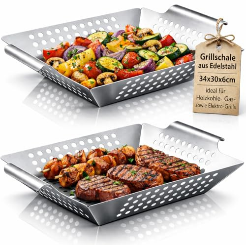 Grillschale aus 100% Edelstahl 34x30x6 cm – Gemüsekorb, Grillkorb für Gemüse, Fleisch & Fisch – BBQ Grillzubehör für Gas-, Holzkohle- & Elektrogrill – Spülmaschinengeeignet