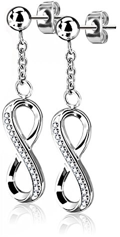 Bungsa Damen-Ohrringe Infinity Ohrhänger Unendlichkeitszeichen mit Kristallen silber aus .316L Edelstahl