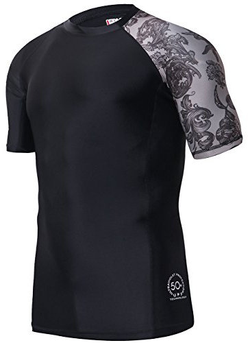 HUGE SPORTS Men's Splice Sun Protection Rash Guard Short Sleeves(Sea Forest,M)