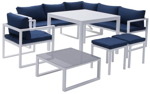 Salon de Jardin modulable Ibiza en Tissu Bleu 7 Places - Aluminium Blanc