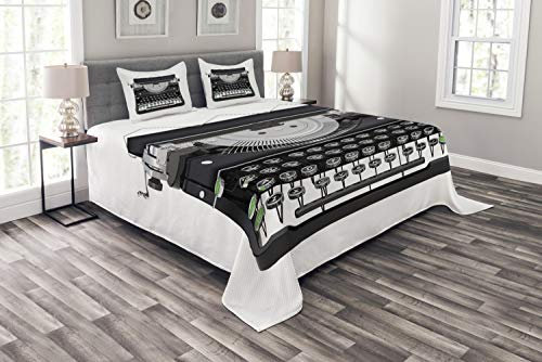 ABAKUHAUS Schreibmaschine Tagesdecke Set, Antike Schreibgerät, Set mit Kissenbezügen Romantischer Stil, für Doppelbetten 220 x 220 cm, Grau Farn-Grün