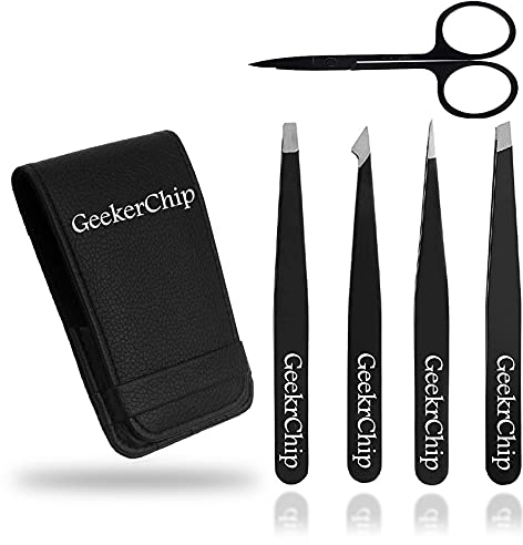 GeekerChip 5 Pcs pince a epiler,Professionnelle Acier Inoxydable Ciseaux,professionnelle pour Sourcils,Idéal pour L'épilation du Visage,pour votre routine quotidienne de beauté