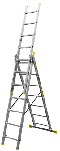 Bayersystem BS-DW 3x7 Mehrzweckleiter, 3x7 Sprossen, 3-teilige Alu-Kombileiter, bis 150 kg belastbar, max. Arbeitshöhe 4,78 m, Klappleiter, Multifunktionsleiter, Stehleiter, Silber/Gelb