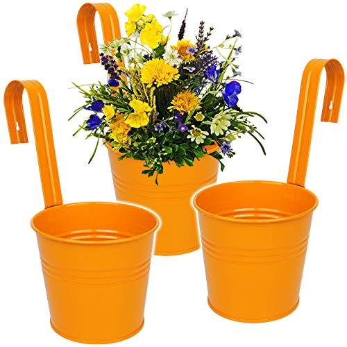 alles-meine.de GmbH 3 Stück Hänge - Blumentöpfe/Hängetöpfe/Pflanzschale - Metall - Ø 17 cm - orange RUND - Hängend/mit Haken & Halterung - Aufhängen - groß - mit Henkel ..