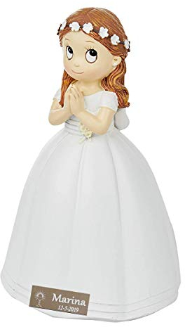 Figura comunión niña Personalizada con Placa grabada - Personalizada con Nombre y Fecha - Modelo Corona Flores Pelo Rubio