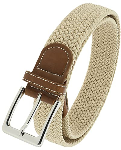 FASHIONGEN Ceinture élastique tressé et Cuir pour homme et femme, PERDERSEN - Beige, T95 / Longueur 105 - Taille pantalon 44 à 48