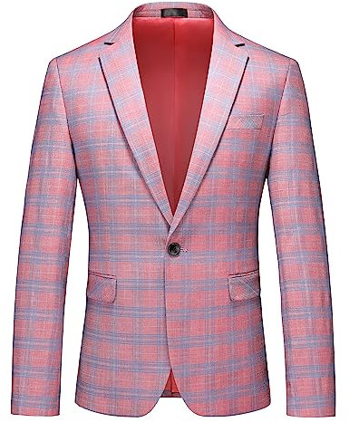 MOGU Herren Casual Anzug Blazer Jacken Slim Fit Plaid Sport Mantel, rose, 48