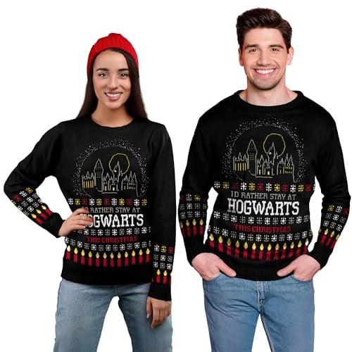 United Labels Harry Potter Winterpullover Unisex I'd Rather Stay at Hogwarts This Christmas, Schwarz, Winter Strickpullover, Pullover für Herren und Damen
