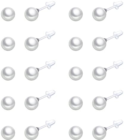 10 Paar Kunstperlen-Ohrstecker aus Kunststoff für empfindliche Ohren – 4–10 mm weiße bunte Perlen Set für Damen und Mädchen – Silikonstecker