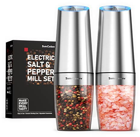 SimCoker Electric Pepper and Salt Grinder Set,Battery Powered Adjustable Coarseness,Stainless Steel Gravity Pepper Mills for BBQ Kitchen Resturant