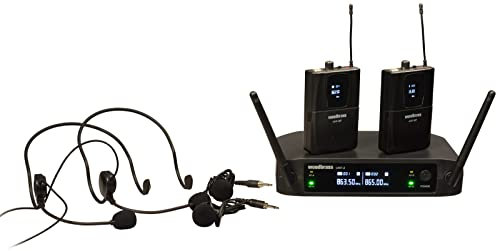 WOODBRASS Microphone sans Fil Système 2 x Micro Serre tête/Cravate UHF Léger, Pratique et Discret pour Fitness, Karaoké, Coach, DJ, Animation, Mariage, Conférence (UHF-2HL-F1-3 - 863 + 864 MHz)