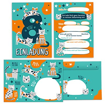 Junapack 12 Einladungskarten incl. 12 Umschläge zum 8. Kindergeburtstag achte Geburtstag Mädchen Jungen Katzen