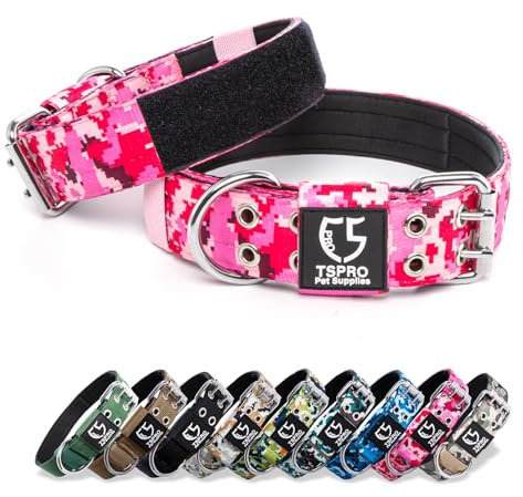 TSPRO Taktisches Hundehalsband, Verstellbares Halsband Hund mit Metallschnalle und Flicken, Haltbar und Dick, für Mittelgroße bis Große Hunde (Camo Rosa M+)