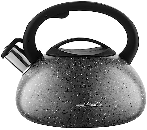 Tetera FLORINA (2,5 l) | Tetera Acero Inoxidable l LAVA | Tetera Flauta Asa Silicona | Silbato Automático | Tetera Estufa Inducción, Estufa Gas y Estufa Eléctrica | Color: Gris