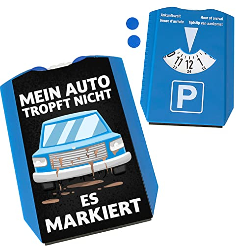 Auto tropft Nicht - es markiert Parkscheibe in blau mit 2 Einkaufswagenchips Witzige Parkuhr für Schrottkarren kaputte Autos die Öl verlieren lustiger Spruch Rost alt Ölflecken Autofahrer Geschenk
