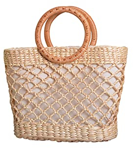 BakerMiche Bolso de playa redondo de paja de las mujeres bolso de ratán retro, bolso tejido bohemio,Bolso de paja hecho a mano