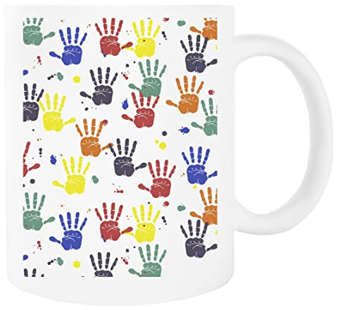 Deans Finger Paint Handprints with Drops White Mug Ceramic Drinking Cup