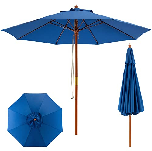 RELAX4LIFE Sonnenschirm, Balkonschirm Höhenverstellbar, Gartenschirm mit 8 Glasfaserrippen & Holzgestell, Marktschirm mit Seilzug, Terrassenschirm Ø 283 cm (Blau)