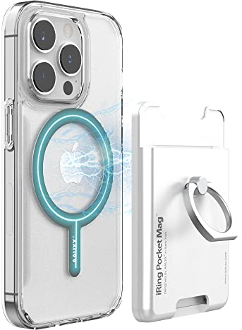 iRing Pocket Mag, magnetischer Handy-Ringgriff und Ständer, 2 Kartenhalter, kompatibel mit iPhone, MagSafe und kabellosen Ladegeräten, hergestellt in Korea (Perlweiß)
