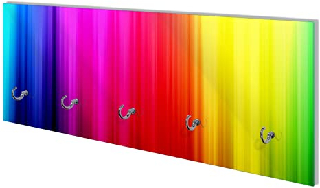 Wallario Wandgarderobe aus Glas in Größe 80 x 30 cm mit Memoboard-Funktion, Motiv: Bunte Regenbogenstreifen auf Schwarz | 5 Kleiderhaken zum Aufhängen von Jacken