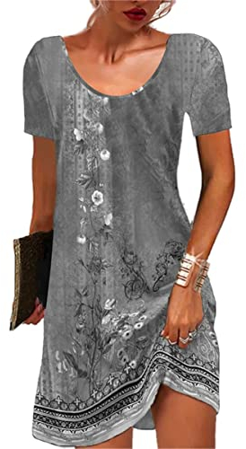 GRMLRPT Damen Kurzarm Rundhals Kleid Bohemian Blumen Sommerkleider MiniKleid Blumendruck Lose Tunika Freizeitkleid(Grau,L)