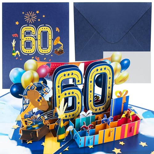 Blau Geburtstagskarte zum 60, 60. 3D Pop Up Karte Geburtstag Grußkarte, 60 Blau Jahrestag für Mann Frau, Pop Up Grußkarten für 60 Jahr Geburtstag Jahrestag, mit Umschlag für Geschenk-Karte