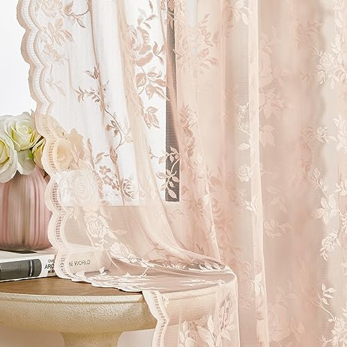 SEEKRIGHT Tende in pizzo rosa cipria, lunghezza 160 cm, set di 2 pannelli, stile vittoriano floreale, tende velate per soggiorno