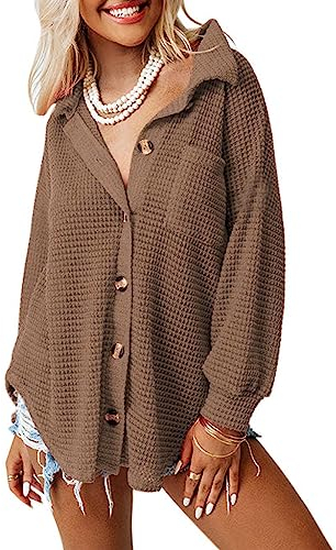 Dokotoo Bluse Damen Langarm Lässig Oberteile Hemd Langarmshirt Waffel Knopfleiste Oberteil Blusen Einfarbig Shirts Stehkragen Elegant Hemdjacke Locker Hemdbluse Braun 2XL