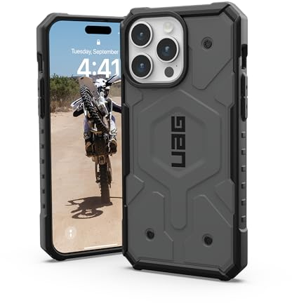 Urban Armor Gear Pathfinder Hülle kompatibel mit Apple iPhone 15 Pro Max Case [Wireless Charging/Magnetisches Aufladen kompatibel, Fallschutz nach Militärstandard] Silber