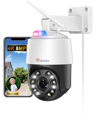 4K 8MP 16X Optischer Zoom Ctronics Überwachungskamera Aussen mit Auto Cruise/Tracking/Zoom,2,4/5GHz WiFi PTZ WLAN Kamera Outdoor mit Personen/Fahrzeug/Tiererkennung, Farb-Nachtsicht,Cloud/TF.Metal
