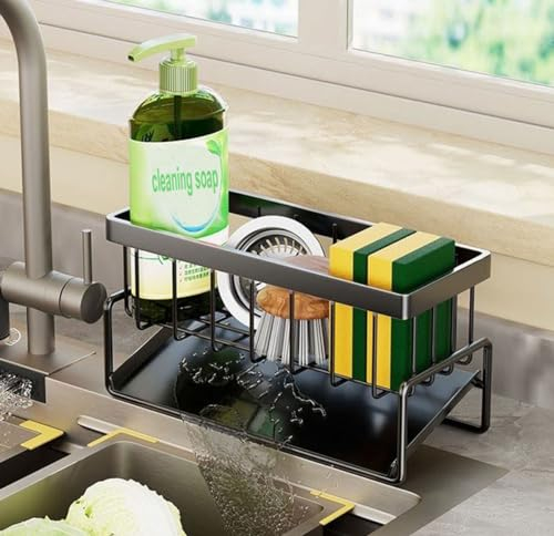LANYOTA Sink Caddy Kitchen Organizer, Stainless Steel Sponge Holder Sink Dish Sponge Organizer for Bathroom and Kitchen Supplies, Rustproof (Grey-A)