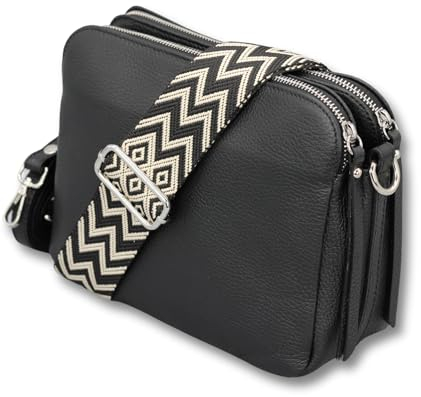 ADEL Umhängetasche Damen Echtes Leder MARA Handgemachte Crossbody Bag 5 Fächer Schultertasche mit Ledergurt + Breitem Gemustertem Riemen Verstellbarer Gurt Made in Italy (Schwarz)