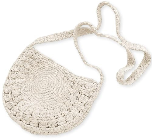 LATRAT Damen Handtasche Runden Sommer Strandtasche Umhängetasche, Retro Halbkreisförmig Sommer Strand böhmische, für Reisen Urlaub Beige