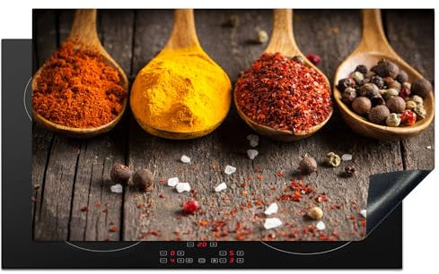 KitchenYeah© Protege Plaque Induction 89x51 cm Decoration Cuisine Tapis de Protection Pour Plan De Travail Cuisson Protégé Herbes - Épices - Bois - Cuillères