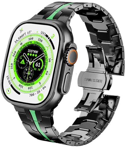 DEALELE Strap Compatible with Apple Watch 49mm 45mm 44mm 42mm, Thin Iron Man Stainless Steel Metal Replacement Bands for iWatch Series 9/8 / 7/6 / 5/4 / 3 / SE/Ultra Women Men, Black-green
