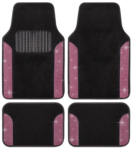 Carbella Diamond Bling Automatten 4-teiliges Set, Glänzende Strass Kristall Teppich Auto Fußmatten, Zweifarbige Fußmatten für Autos, Niedliche Automobil-Fußmatten für Frauen (Rosa)