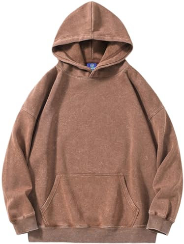 PADOLA Oversize Pullover Damen Ausgewaschene Hoodie Y2K Vintage Sweatshirt Basic Damen Kapuzenpullover mit Fleece Baumwolle Used-Look Übergangspulli Retro Kapuzenjacke Kapuzenpulli (M, 4 Braun)