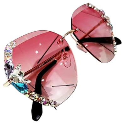 IMMUNOTRAX Gafas de Sol de Cristal sin Montura Vintage,Gafas de Sol sin Montura con Diamantes de imitación para Mujer (Pink)
