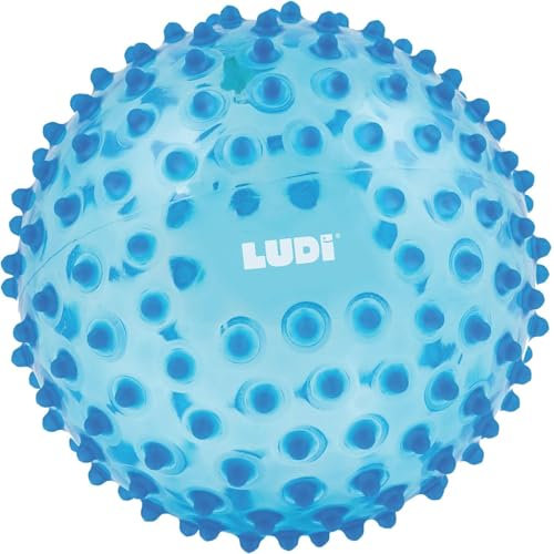 Ludi - Balle de Massage Bleue - Éveil Sensoriel pour Bébé dès 6 Mois - Picots Tendres - Stimulation, Dextérité et Coordination - 100% PVC - Lavable - Ø 20 cm - Soulage Les Dents et Favorise Le Jeu