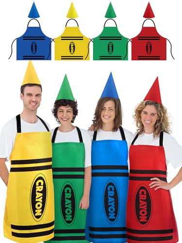 Funnysoft 4er-Set farbige Buntstift-Schürze und lustige Zwergen-Kegel-Hüte für Schule, Kostüm, Buntstift-Kostüm-Set für Erwachsene, Halloween, Buntstift, lustiges Outfit für Halloween, Cosplay