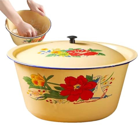 Generic Cuenco para mezclar esmaltado, platos vintage esmaltados con tapa | Recipiente multifuncional para verduras, sopa, arroz, Ramen y fideos