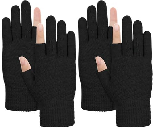 Kiiwah 2 Paare Fingerlose Handschuhe Damen, Halbfinger Handschuhe Warme Zwei-Finger-Handschuhe Winter Handschuhe ohne Finger mit Weichem Innenfutter für Herren Damen