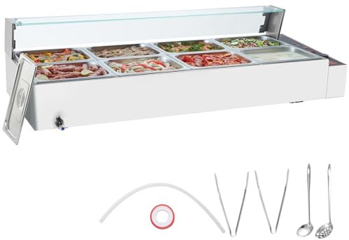 VEVOR Chauffe-Plat Buffet à 8 Bacs de 7,6 L, Bain-Marie Électrique 1700 W, Buffet Chauffant en INOX, Écran en Verre, Température Réglable 30-85 °C, pour Réchauffer Aliments Restauration Soirée Fête